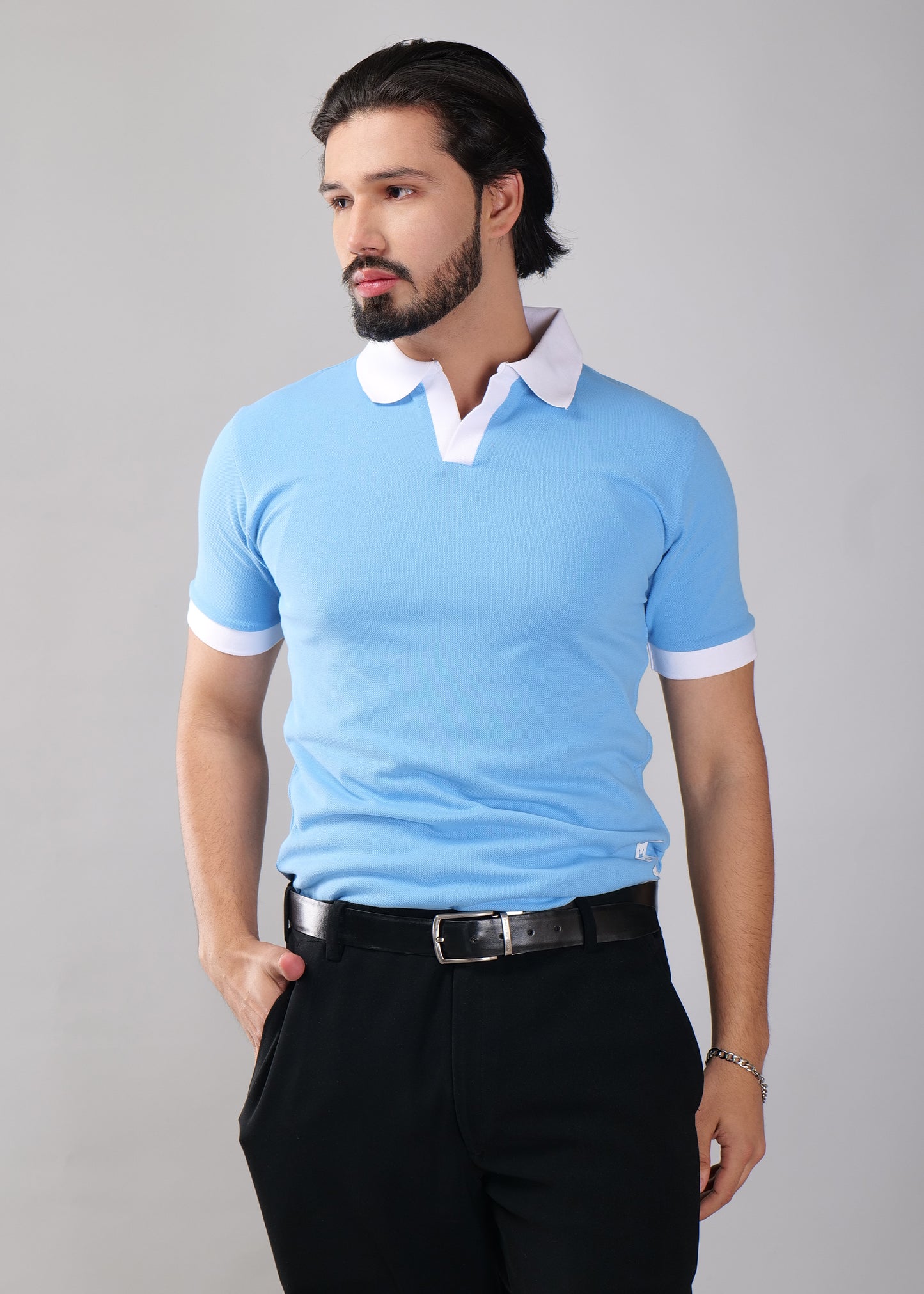 Sky Blue Polo T-Shirt with White Collar & Cuffs