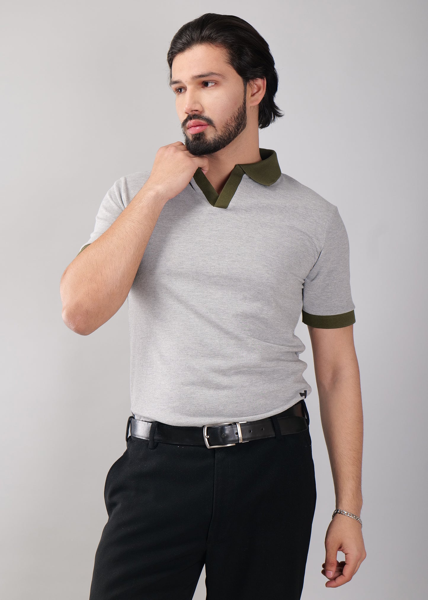 Grey Polo T-Shirt with Olive Green Collar & Cuffs