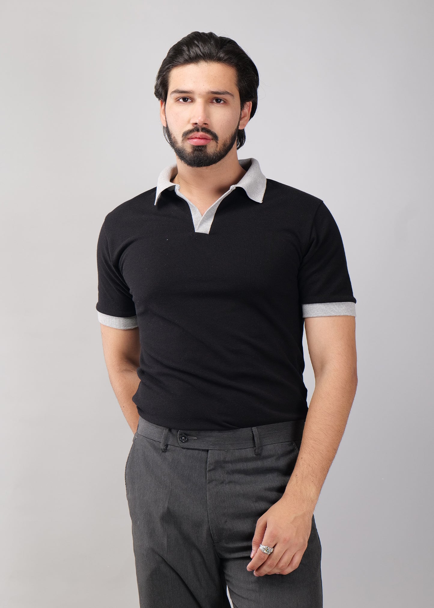 Black Polo T-Shirt with Contrast Collar & Cuffs