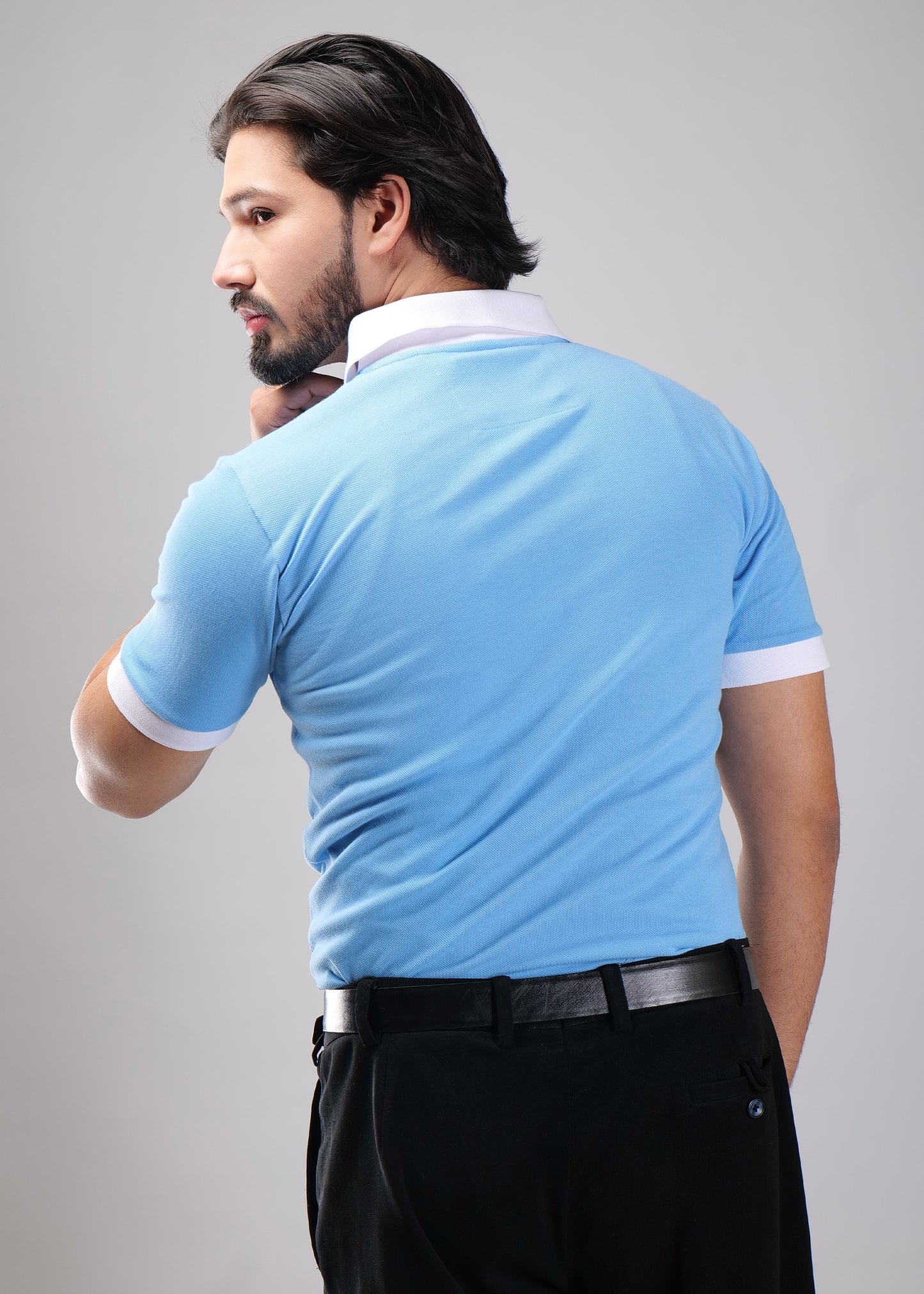 Sky Blue Polo T-Shirt with White Collar & Cuffs