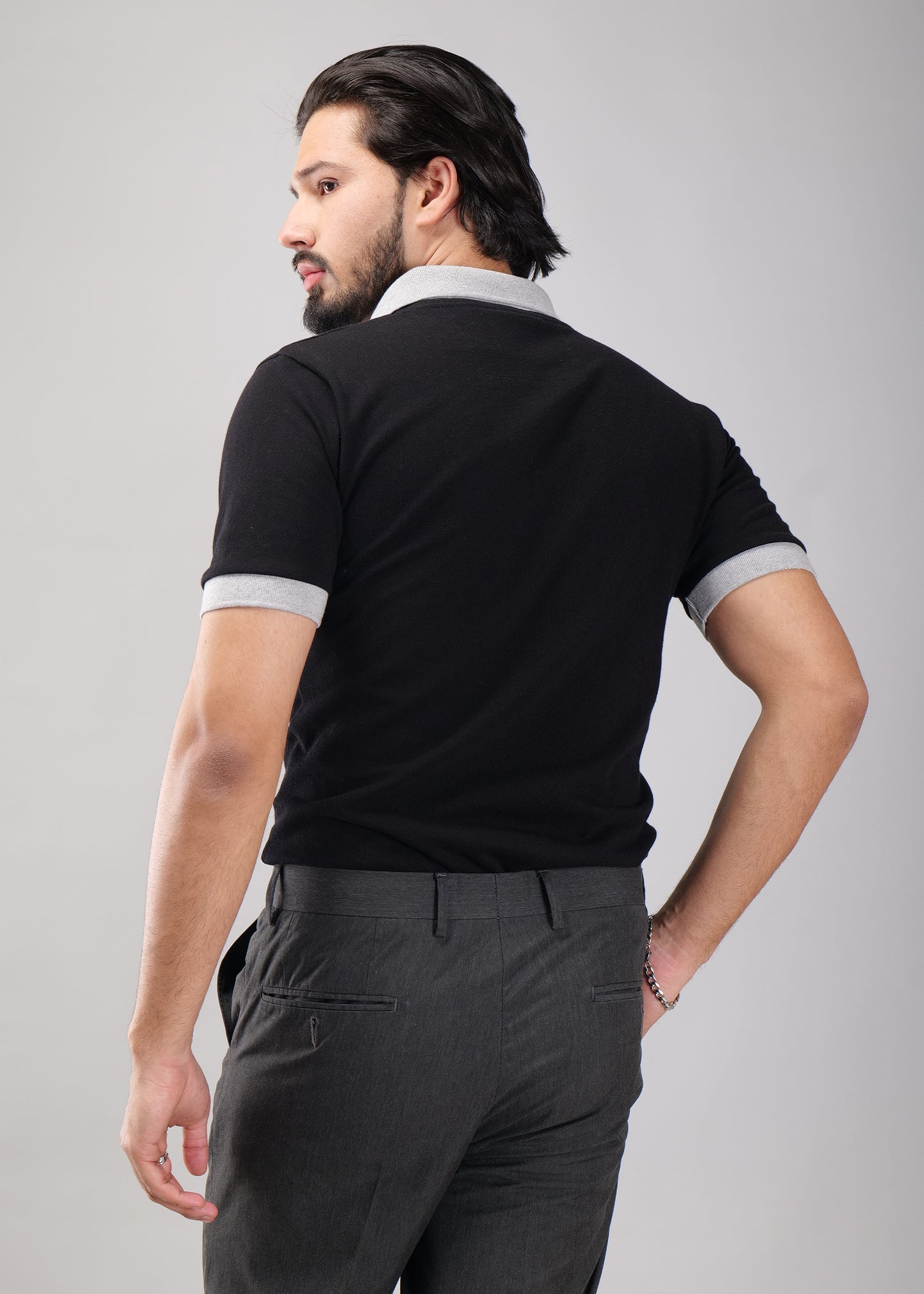 Black Polo T-Shirt with Contrast Collar & Cuffs