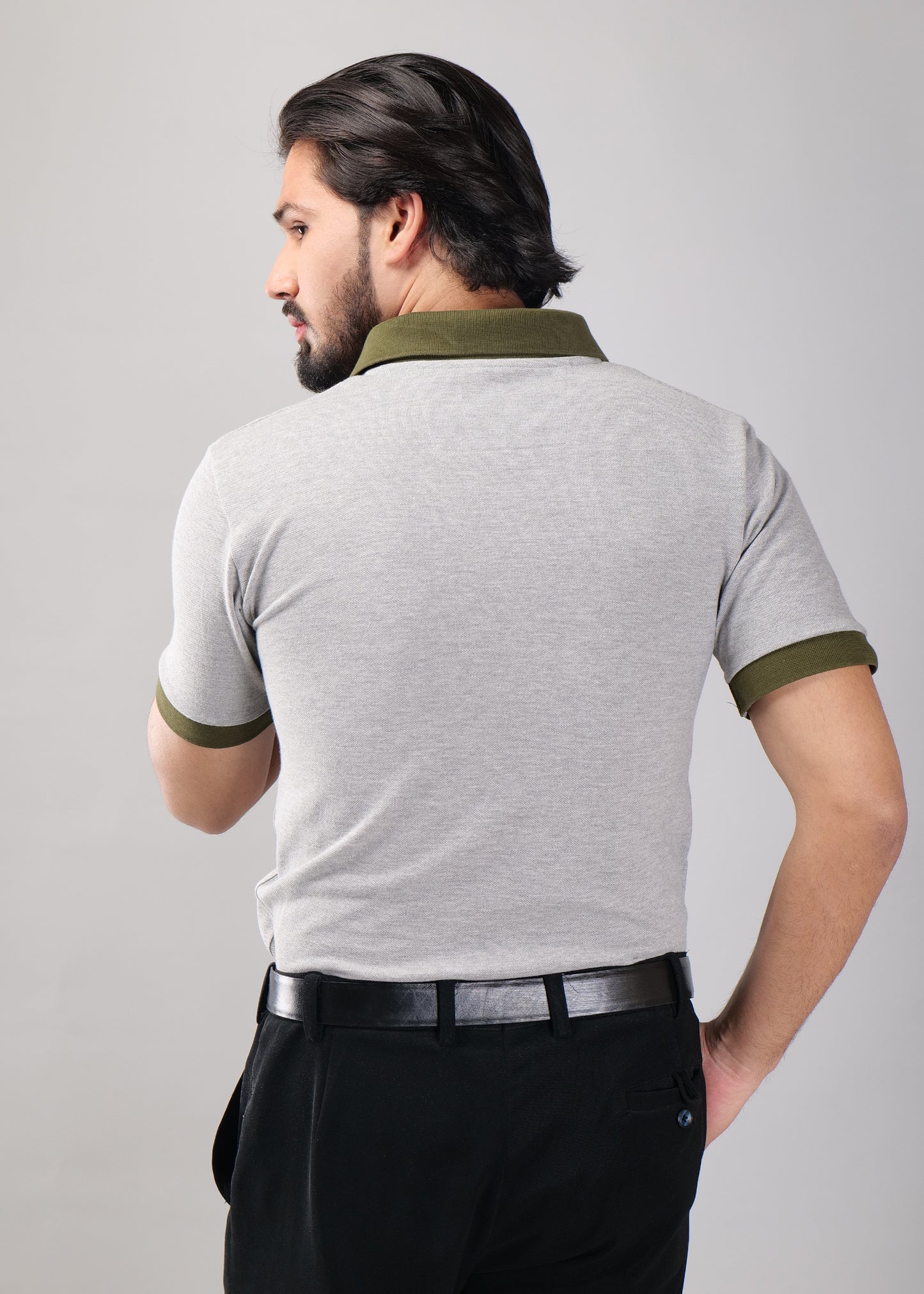 Grey Polo T-Shirt with Olive Green Collar & Cuffs