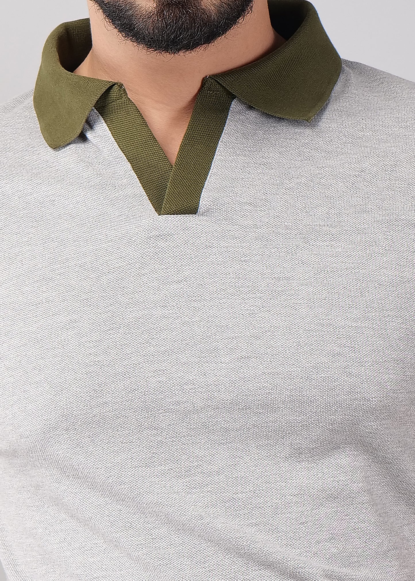 Grey Polo T-Shirt with Olive Green Collar & Cuffs
