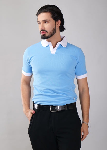 Sky Blue Polo T-Shirt with White Collar & Cuffs