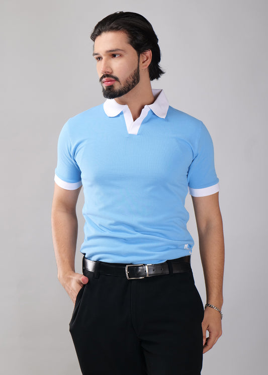 Sky Blue Polo T-Shirt with White Collar & Cuffs