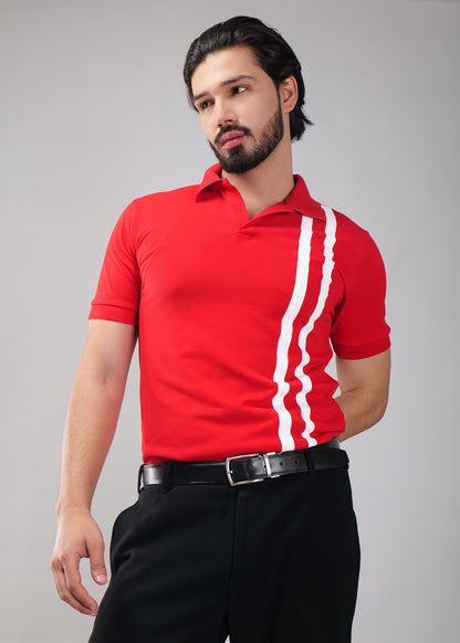 Red Polo Shirt with Dual White Stripes
