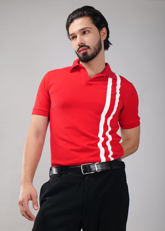 Red Polo Shirt with Dual White Stripes