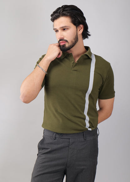 Olive Green Polo Shirt with Contrast Stripe