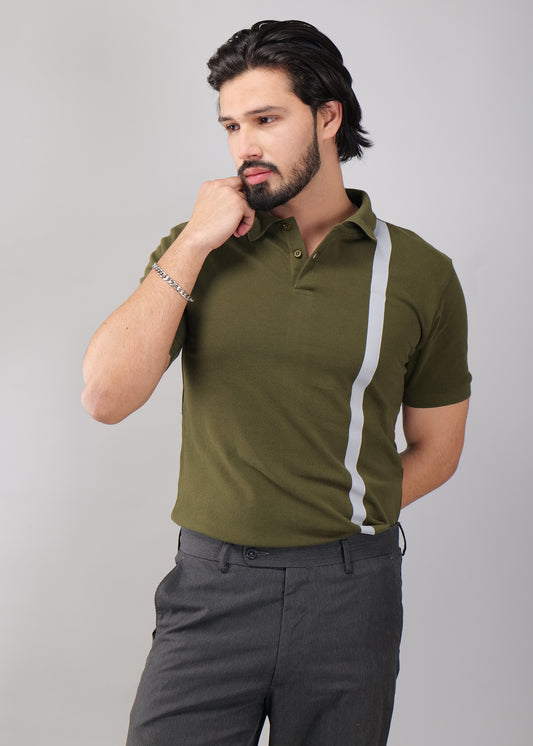 Olive Green Polo Shirt with Contrast Stripe