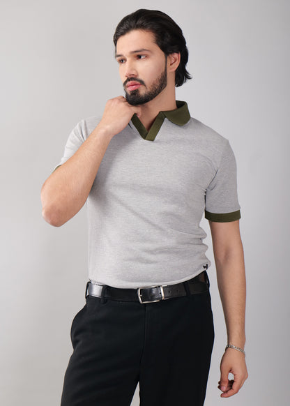 Grey Polo T-Shirt with Olive Green Collar & Cuffs