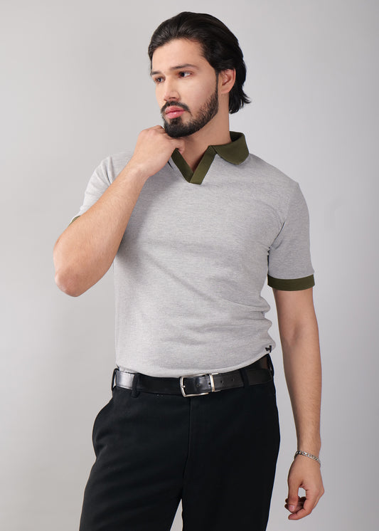 Grey Polo T-Shirt with Olive Green Collar & Cuffs