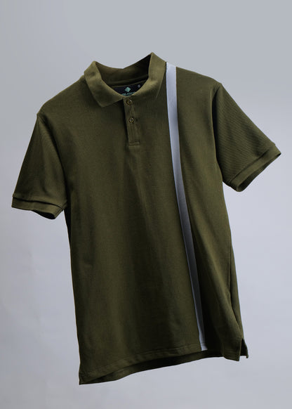 Olive Green Polo Shirt with Contrast Stripe