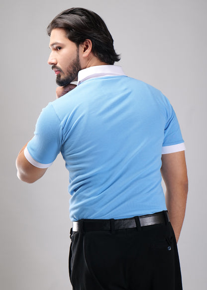 Sky Blue Polo T-Shirt with White Collar & Cuffs