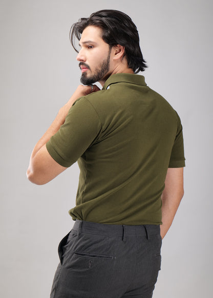 Olive Green Polo Shirt with Contrast Stripe