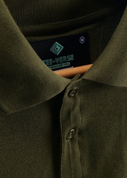 Olive Green Polo Shirt with Contrast Stripe