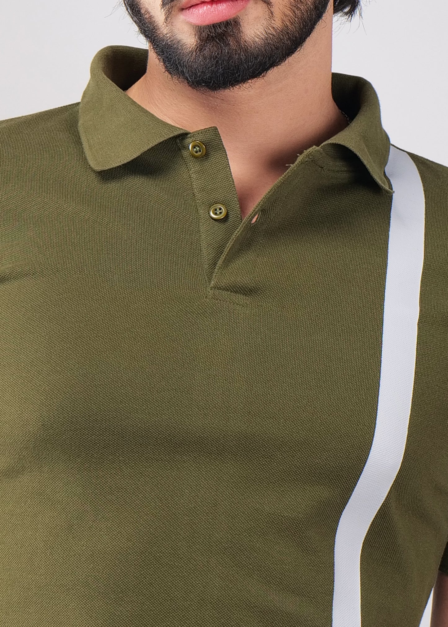Olive Green Polo Shirt with Contrast Stripe