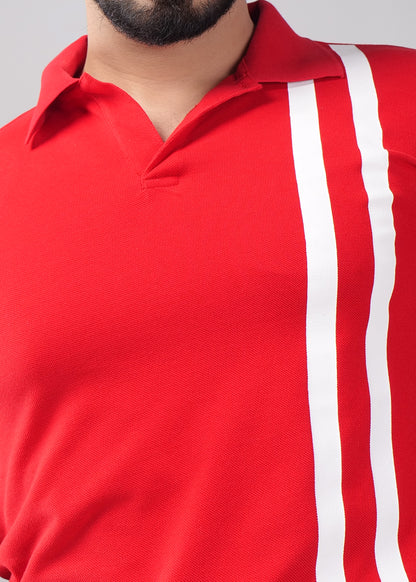 Red Polo Shirt with Dual White Stripes
