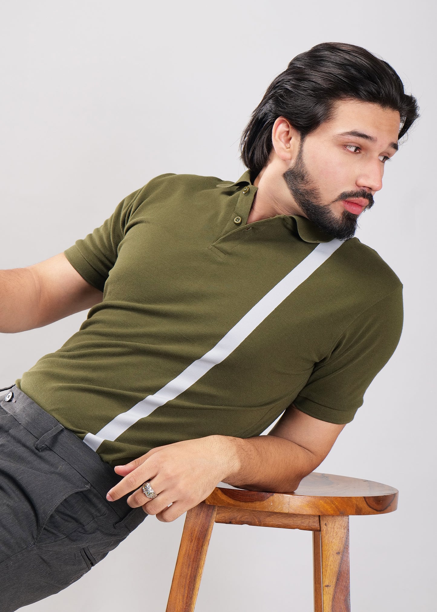 Olive Green Polo Shirt with Contrast Stripe