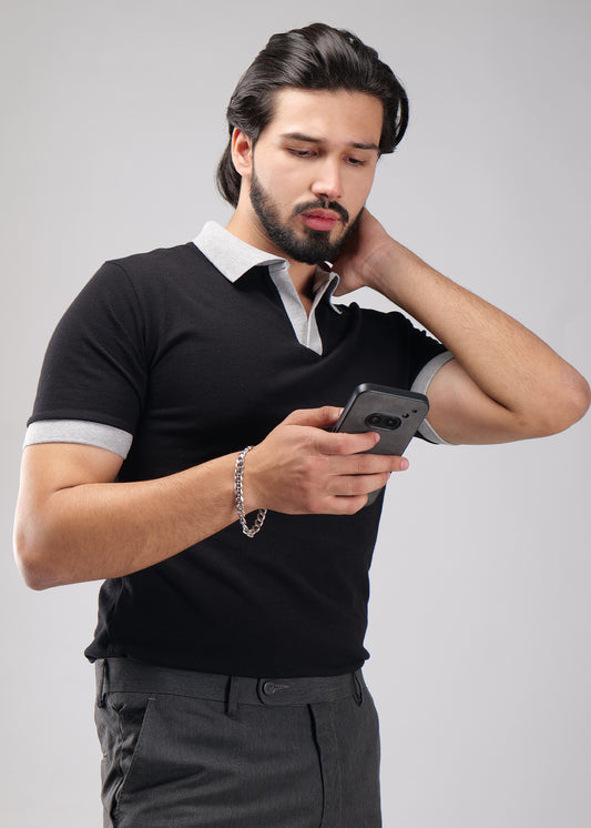 Black Polo T-Shirt with Contrast Collar & Cuffs