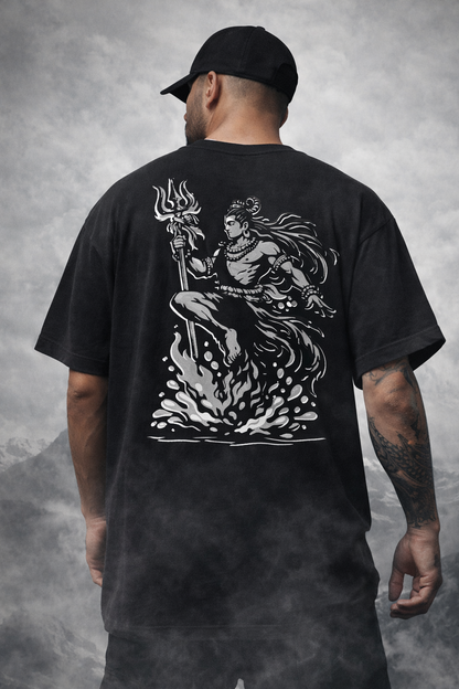 Highly detailed Lord Shiva inspired screen print artwork on the back of The Still Force oversized t-shirt