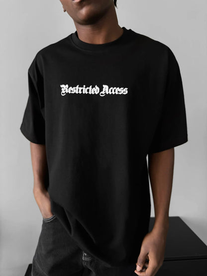 Oversize Restricted Access Black T-Shirt by Tee-Verse – Premium Puff Print 240 GSM 100% Cotton Streetwear Tee Front View