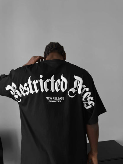 Upper Body View of Restricted Access Oversize Black T-Shirt – 3D Puff Print Detail Unisex Streetwear Tee by Tee-Verse