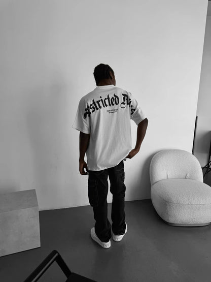 Man Wearing Restricted Access Oversized T-Shirt by Tee-Verse – Puff Print 240 GSM Heavyweight Streetwear Outfit India