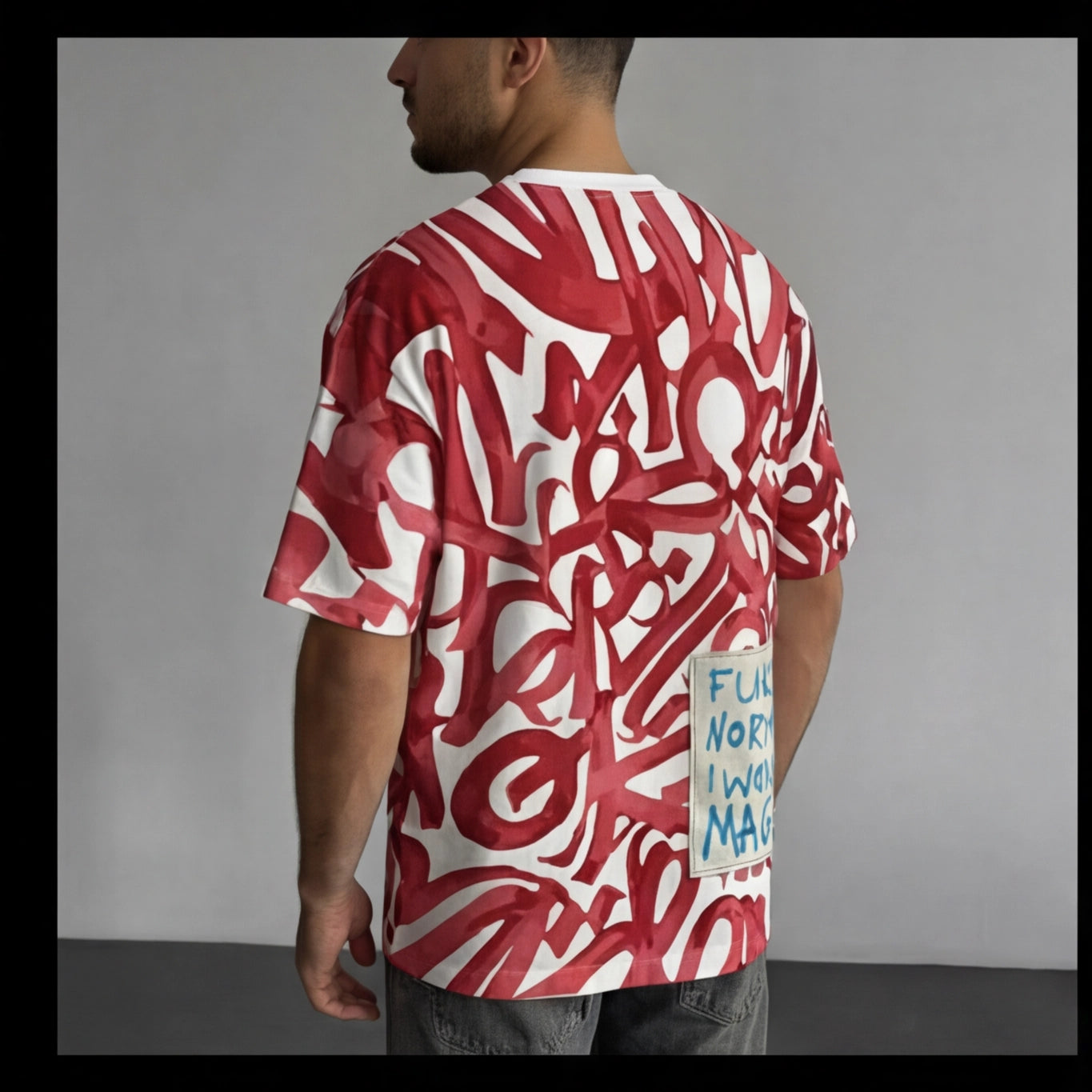 Person wearing a red and white patterned t-shirt with text on the back against a gray background