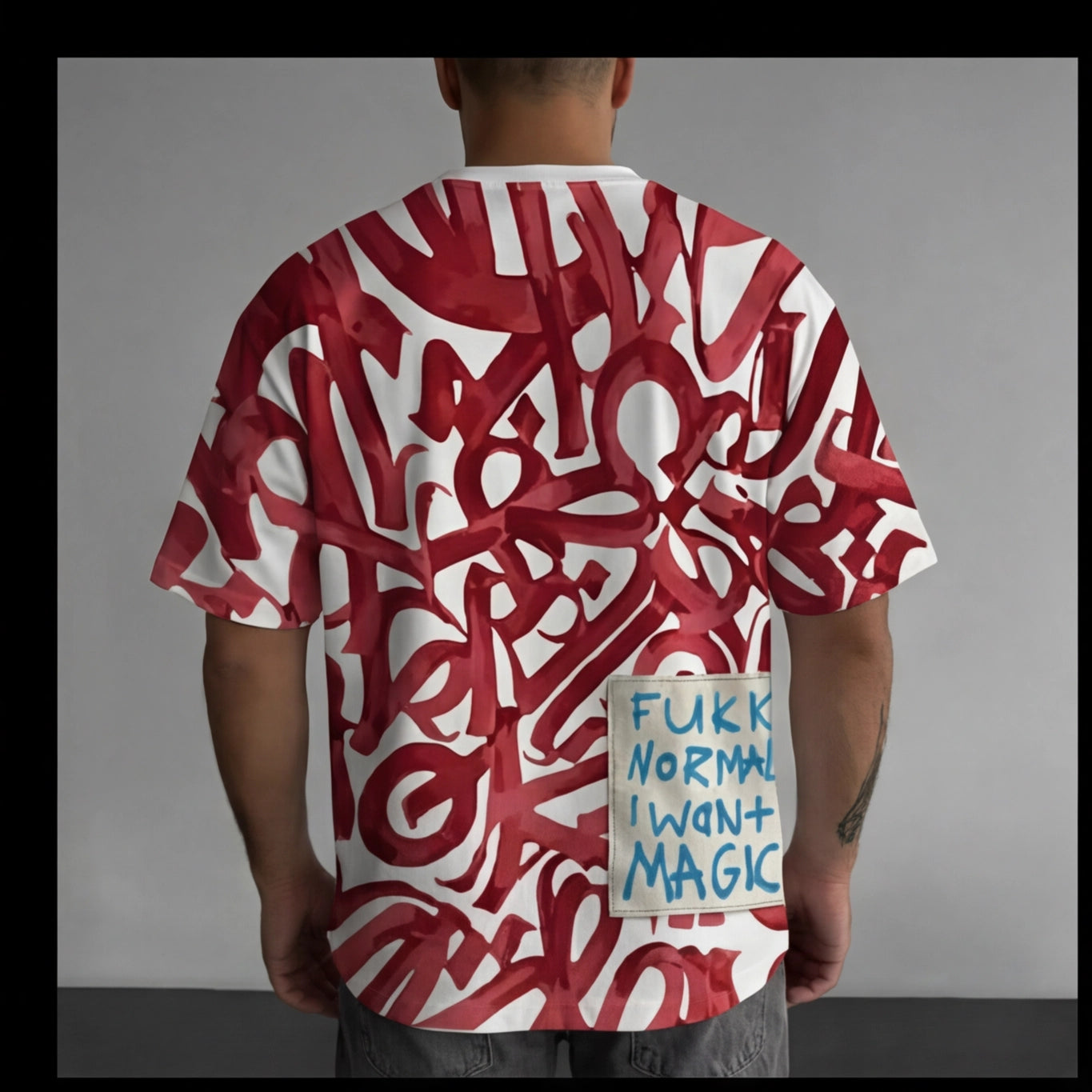 The Artistic Rebel Oversized Tee Back View – Raw-Edged Back Patch with Abstract Calligraphy Print by Tee-Verse