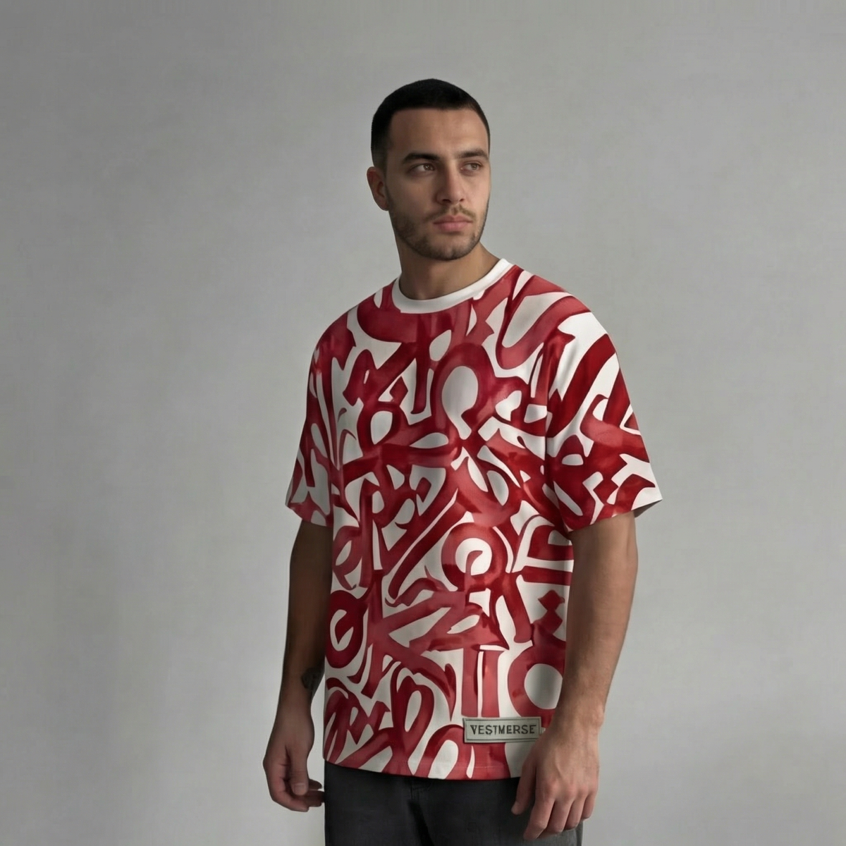 The Artistic Rebel Oversized T-Shirt by Tee-Verse – All-Over Abstract Red Calligraphy Print Front View