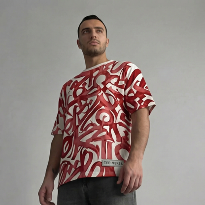 Man wearing a red and white patterned t-shirt against a gray background