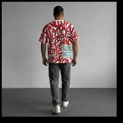 Man Wearing The Artistic Rebel Oversized T-Shirt by Tee-Verse – Abstract Calligraphy Streetwear Outfit India
