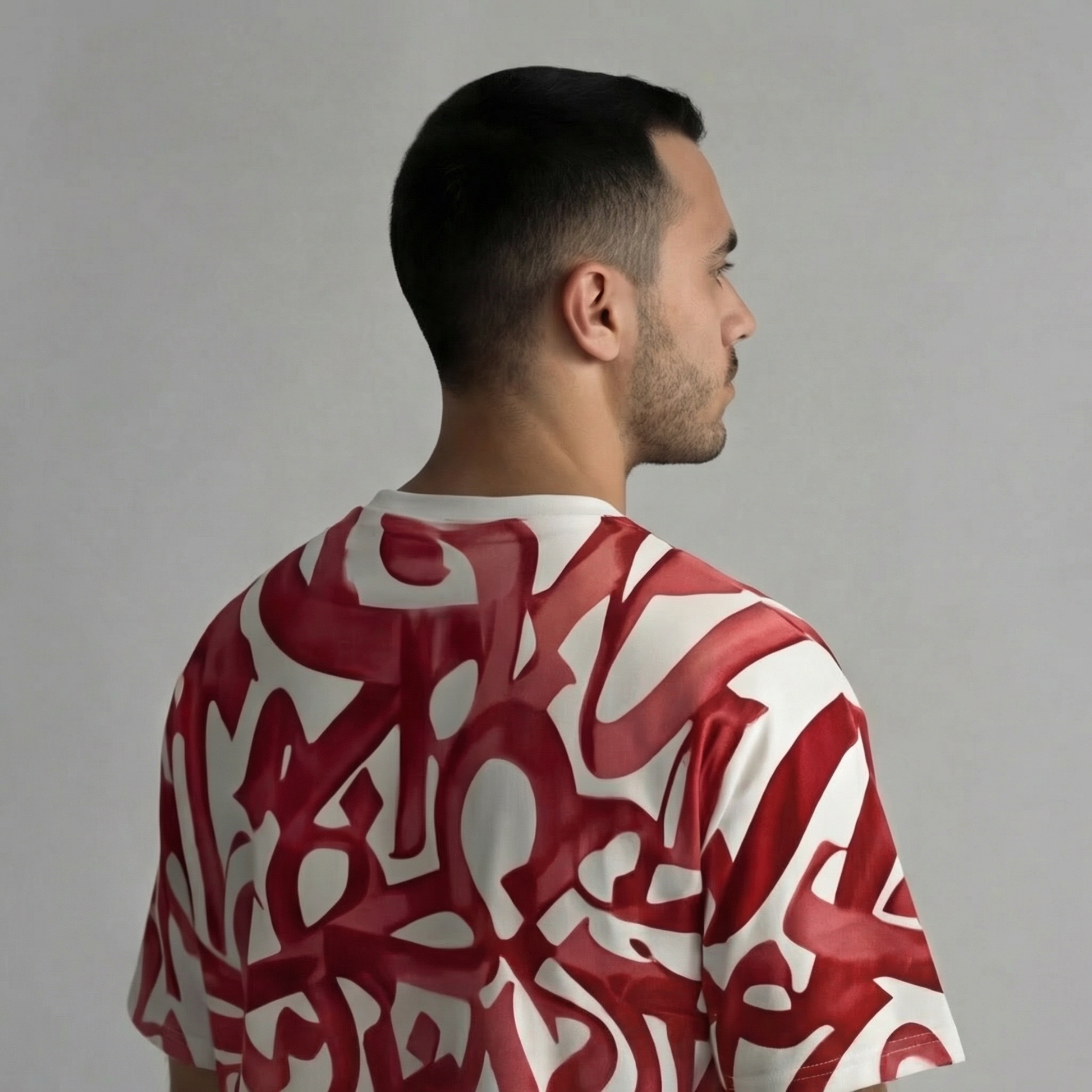 Man wearing a red and white patterned shirt against a gray background