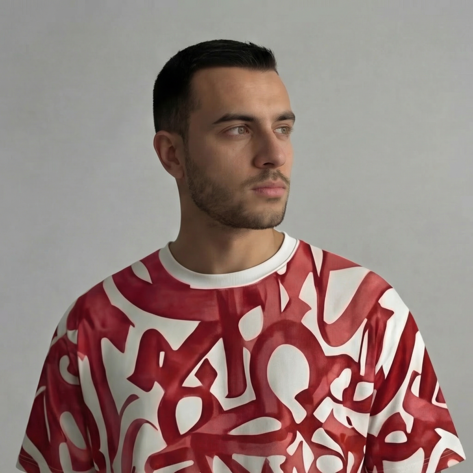 Man wearing a red and white patterned shirt against a gray background