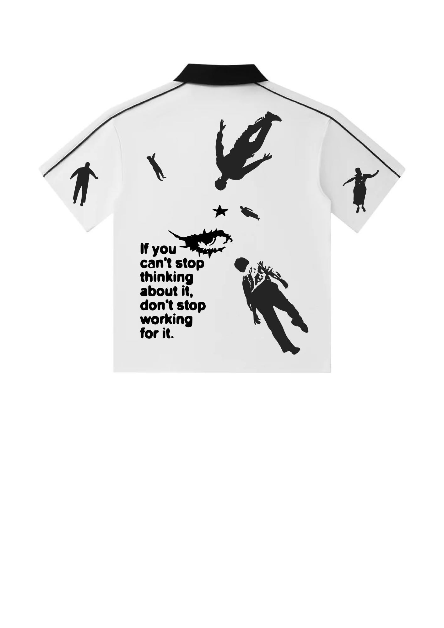 White Polo T-shirt with black graphic designs and text on a white background