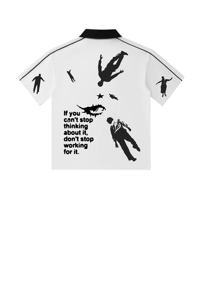 White Polo T-shirt with black graphic designs and text on a white background