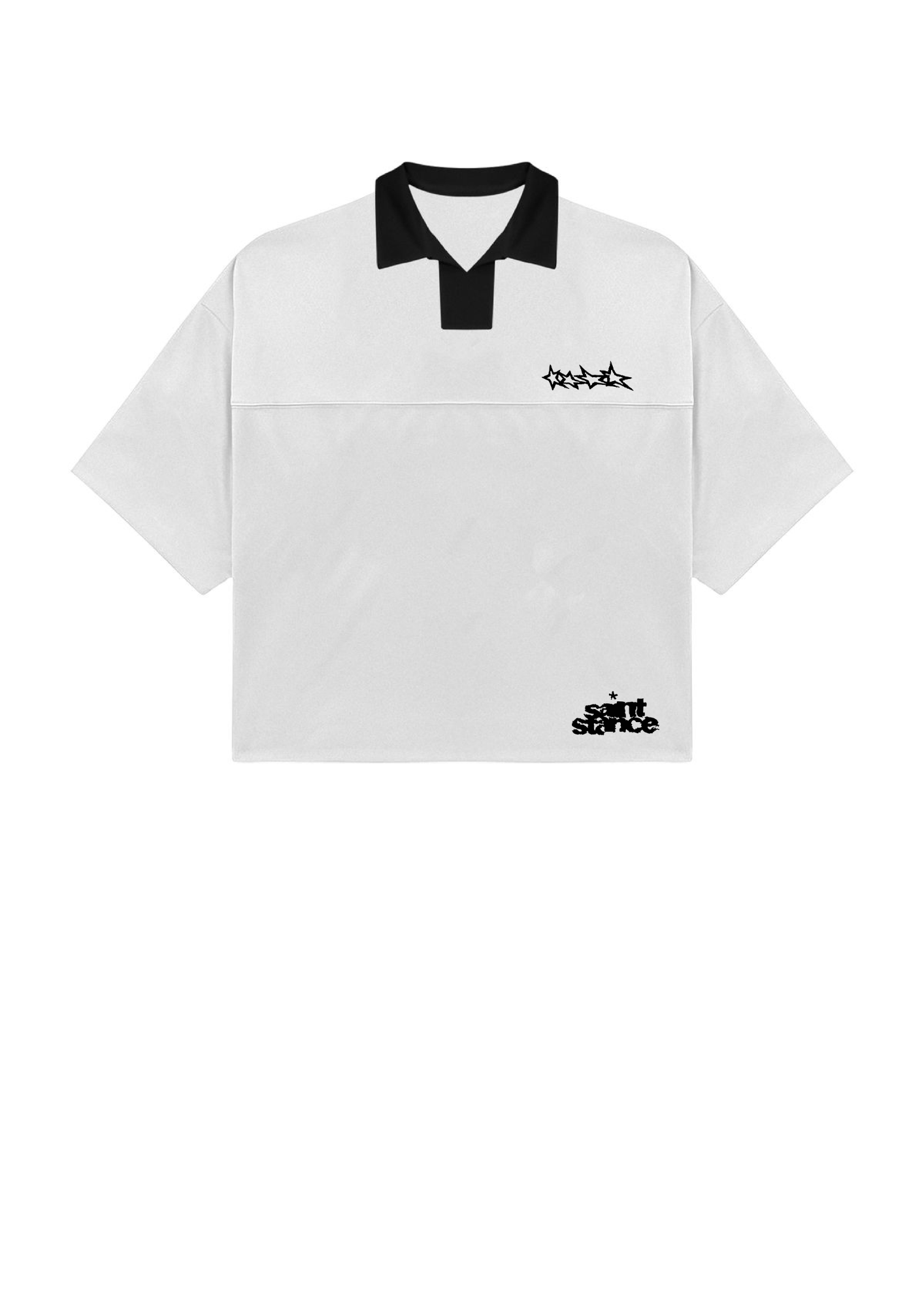 White polo T-shirt with black collar and text on a white background