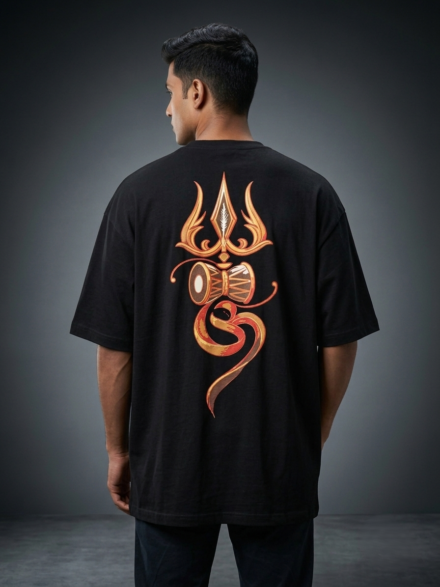 A man viewed from the back wearing a black t-shirt with a large metallic copper-orange graphic on the back, set against a dark gray studio background.