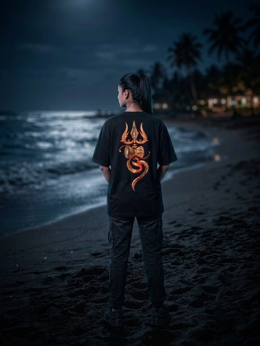 A person standing on a dark beach at night, viewed from behind, wearing a black oversized T-shirt with a large glowing orange and gold serpent-like graphic on the back. The ocean waves and palm trees are visible in the background.