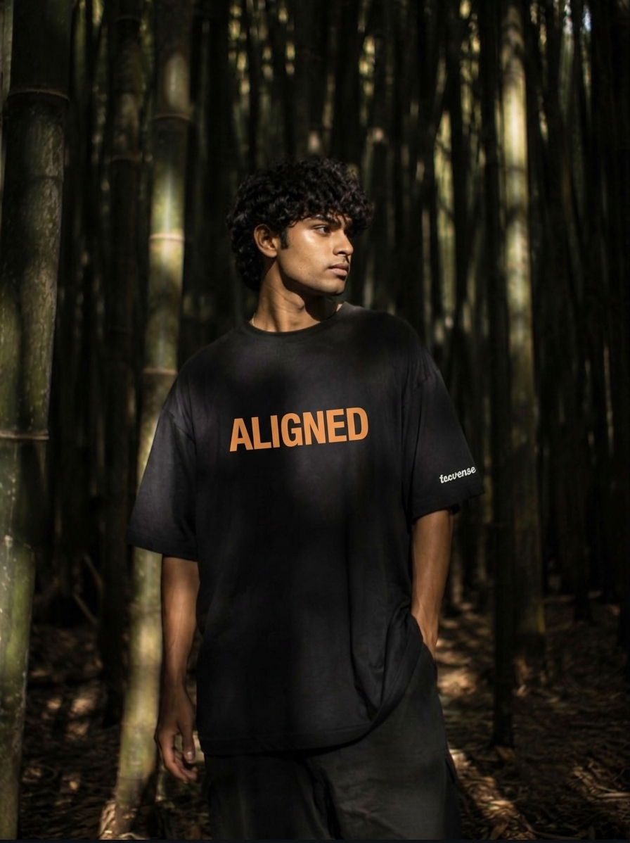 A man wearing a black oversized t-shirt with 'ALIGNED' printed in orange across the chest, standing in a dense bamboo forest.