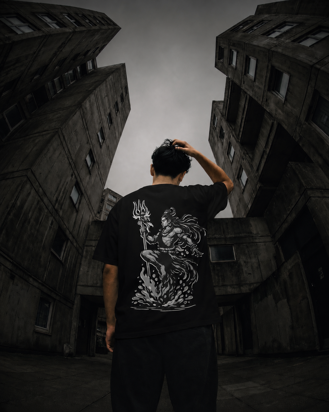 A man viewed from behind wearing a black t-shirt with a large white graphic of on the back, standing in a concrete courtyard between tall, angular buildings under a cloudy sky.